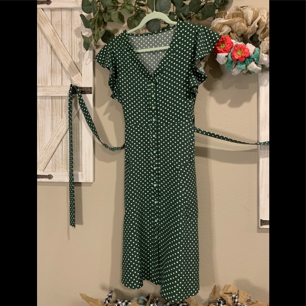 Green Polka Dot | Swing Midi Dress with Pockets and Tie Waist | Size S